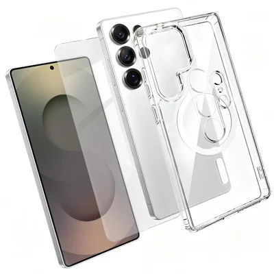  For Samsung Galaxy S25 Ultra Magnetic Case TPU + PC Clear Phone Cover with High Aluminium-silicon Glass Screen Protector + Tempered Glass Lens Protector - Transparent