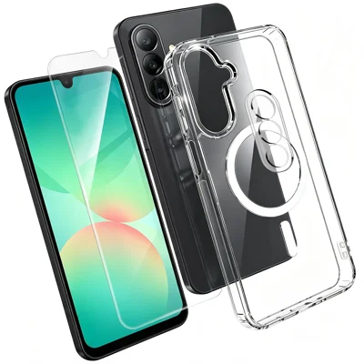  For Samsung Galaxy A26 5G Magnetic Case TPU + PC Clear Phone Cover with High Aluminium-silicon Glass Screen Protector + Tempered Glass Lens Protector - Transparent