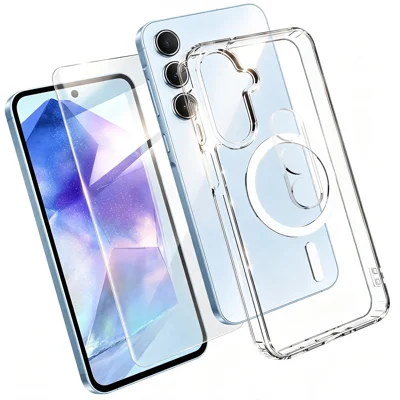  For Samsung Galaxy A55 5G Magnetic Case TPU + PC Clear Phone Cover with High Aluminium-silicon Glass Screen Protector + Tempered Glass Lens Protector - Transparent