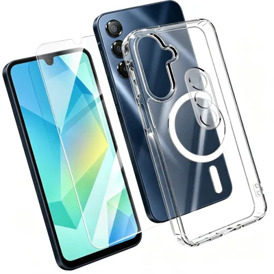  For Samsung Galaxy A16 4G / Galaxy A16 5G Magnetic Case TPU + PC Clear Phone Cover with High Aluminium-silicon Glass Screen Protector + Tempered Glass Lens Protector - Transparent