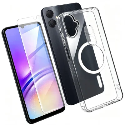 Прозрачный магнитный чехол для Samsung Galaxy A05 4G из ТПУ + поликарбоната с защитой экрана из алюмосиликатного стекла высокой прочности и защитой камеры из закаленного стекла — прозрачный
