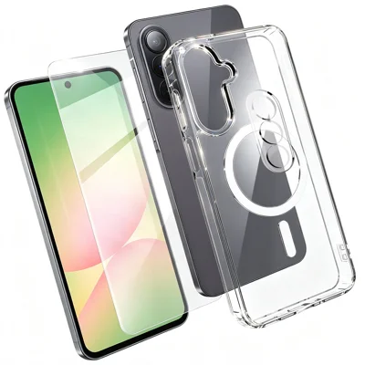  For Samsung Galaxy A56 5G Magnetic Case TPU + PC Clear Phone Cover with High Aluminium-silicon Glass Screen Protector + Tempered Glass Lens Protector - Transparent