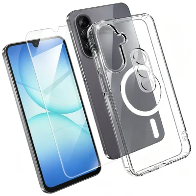  For Samsung Galaxy A17 4G / Galaxy A17 5G Magnetic Case TPU + PC Clear Phone Cover with High Aluminium-silicon Glass Screen Protector + Tempered Glass Lens Protector - Transparent