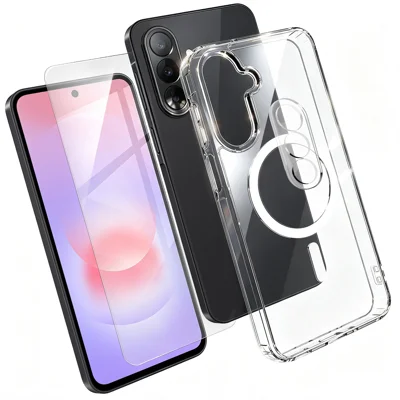  For Samsung Galaxy A37 5G Magnetisk Case TPU + PC Gennemsigtig Telefonbeskytter med Høj Aluminium-silicium Glas Skærmprotector + Hærdet Glas Linseskytte - Transparent