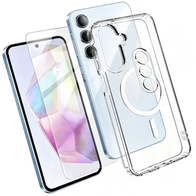  For Samsung Galaxy A35 5G Magnetic Case TPU + PC Clear Phone Cover with High Aluminium-silicon Glass Screen Protector + Tempered Glass Lens Protector - Transparent