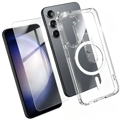  For Samsung Galaxy S23+ Magnetic Case TPU + PC Clear Phone Cover with High Aluminium-silicon Glass Screen Protector + Tempered Glass Lens Protector - Transparent