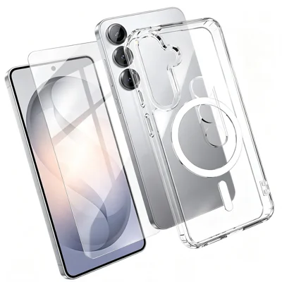  For Samsung Galaxy S24+ Magnetisk Case TPU + PC Gennemsigtig Telefonbeskyttelse med Høj Aluminium-silicium Glas Skærmprotector + Hærdet Glas Linseskytte - Transparent