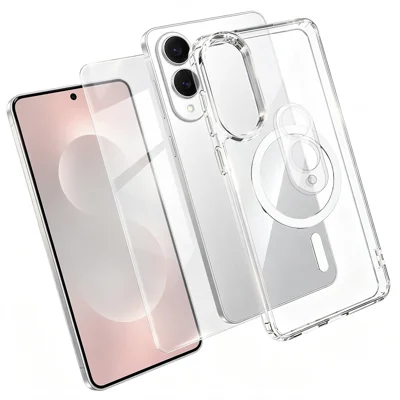  Für Samsung Galaxy S25 Edge Magnetische Hülle TPU + PC Klare Handyhülle mit Hochwertigem Aluminium-Silizium-Glas Displayschutz + Gehärteter Glastaubenschutz - Transparent