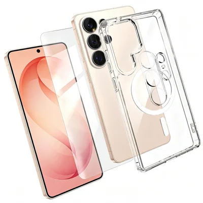  Funda magnética para Samsung Galaxy S26 Ultra, carcasa transparente clara de TPU + PC con protector de pantalla de vidrio de alta alúmina-silicio + protector de lente de vidrio templado - Transparente