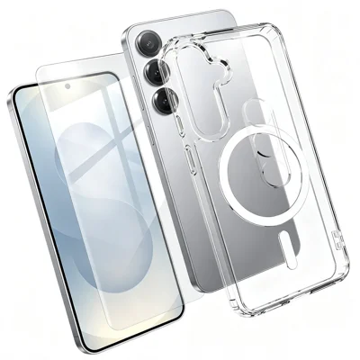  For Samsung Galaxy S25 Magnetic Case TPU + PC Clear Phone Cover with High Aluminium-silicon Glass Screen Protector + Tempered Glass Lens Protector - Transparent