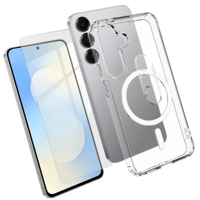 Per Samsung Galaxy S25 FE Custodia Magnetica TPU + PC Trasparente con Proteggi Schermo in Vetro Aluminosilicato Alto + Proteggi Obiettivo in Vetro Temperato - Trasparente