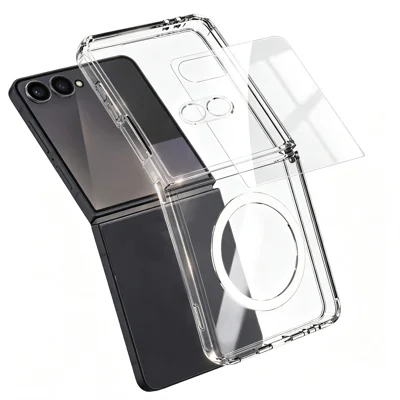  For Samsung Galaxy Z Flip7 5G Magnetic Case TPU + PC Clear Phone Cover with High Aluminium-silicon Glass Screen Protector + Tempered Glass Lens Protector - Transparent