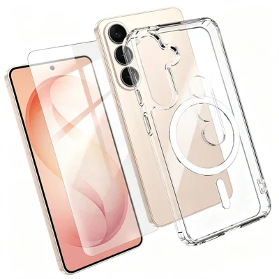  For Samsung Galaxy S26 Magnetic Case TPU + PC Clear Phone Cover with High Aluminium-silicon Glass Screen Protector + Tempered Glass Lens Protector - Transparent