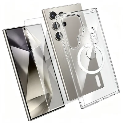  For Samsung Galaxy S24 Ultra Magnetic Case TPU + PC Clear Phone Cover with High Aluminium-silicon Glass Screen Protector + Tempered Glass Lens Protector - Transparent