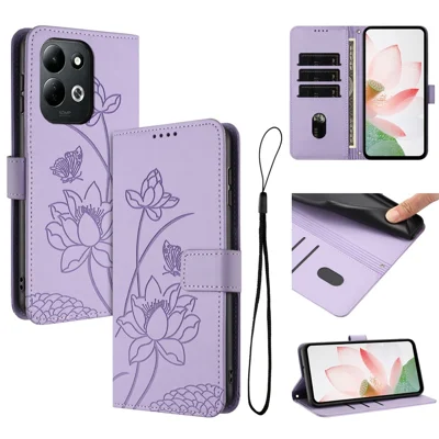 For Xiaomi Poco C95 Pro Case Wallet Stand Lotus Imprint Leather Phone Cover with Wrist Strap - Purple