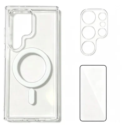  WANLONFENG for Samsung Galaxy S24 Ultra YKL Series Magnetic Case Acrylic TPU Phone Cover with Screen Protector and Lens Protector - Transparent
