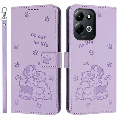 For Xiaomi Poco C95 Pro Wallet Case Cats Imprint Leather Phone Cover with Strap - Purple