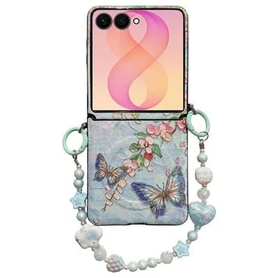 For Samsung Galaxy Z Flip8 Magnetic Case Butterfly Pattern Phone PC Cover with Beaded Hand Chain Strap - Blue