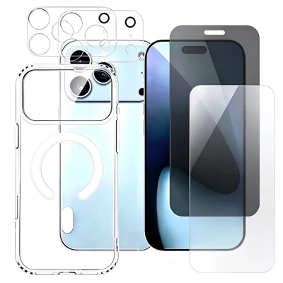 For iPhone 18 Pro Max Magnetisk Case Gennemsigtig Telefonbeskyttelse med 2 stk. Kamerabeskyttere + 1 stk. Gennemsigtig Skærmprotector + 1 stk. Anti-spion Skærmprotector - Transparent