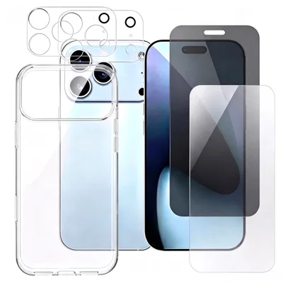 For iPhone 18 Pro Max Case Clear TPU Phone Cover with 2 Camera Lens Protectors + 1Pc Clear Screen Protector + 1Pc Anti-spy Screen Protector - Transparent