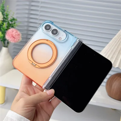 For iPhone Duo Case Rotating Kickstand Gradient Clear PC Shockproof Folding Phone Cover - Orange