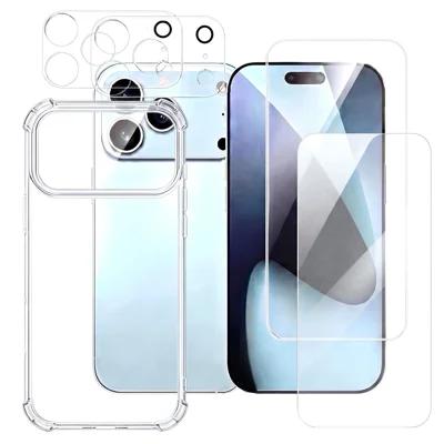 For iPhone 18 Pro Max Case Reinforced Corner Clear TPU Phone Cover with 2Pcs Tempered Glass Screen Protector + 2Pcs Camera Lens Protector - Transparent