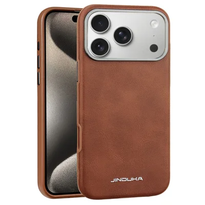 JINDUKA J4 pour iPhone 18 Pro Max / 17 Pro Max Étui Magnétique avec Bague d'Objectif en Métal, Revêtement en Cuir, Coque en TPU + PC - Brun