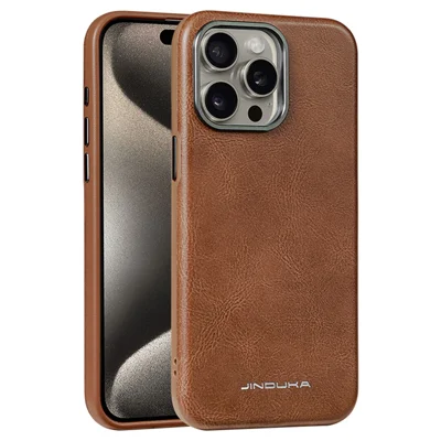 JINDUKA J4 pour iPhone 15 Pro étui magnétique avec cadre de lentille métallique, housse de téléphone en cuir avec revêtement TPU + PC - Brun