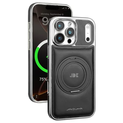JINDUKA J9 pour iPhone 18 Pro / 17 Pro Étui magnétique avec support pivotant Revêtement en cuir électrodéposé Couvercle TPU + PC - Noir
