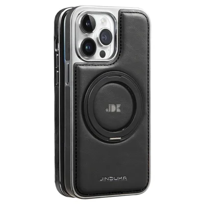 JINDUKA J9 pour iPhone 14 Pro Max Étui Magnétique avec Support Pivotant Revêtement en Cuir Galvanisé Couvercle TPU + PC - Noir