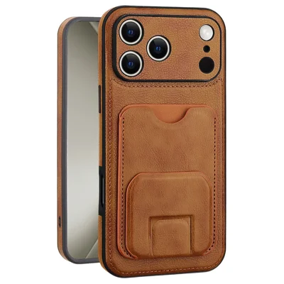JINDUKA K12 pour iPhone 18 Pro / 17 Pro Coque avec Emplacement pour Cartes, Support Réglable, Couvercle Arrière en Cuir PU - Brun