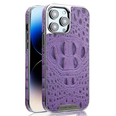 RMBMAX M2 for iPhone 13 Pro Max Case Crocodile Pattern Genuine Cow Leather Shock-Absorbent Phone Back Cover - Purple