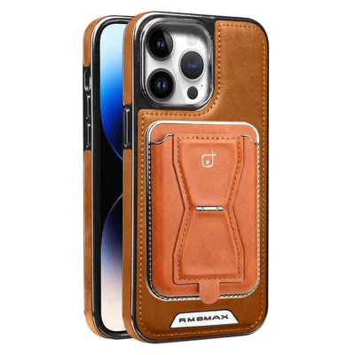 RIMBMAX P95 for iPhone 13 Pro Max Magnetic Case Card Holder Kickstand Leather + PC + TPU Phone Cover - Light Brown