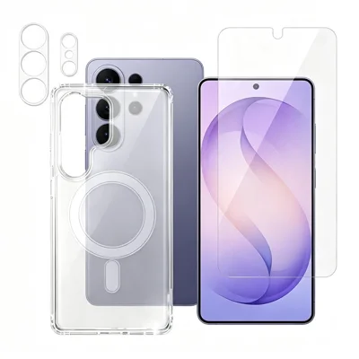 Funda magnética para Samsung Galaxy S26 Ultra, carcasa de teléfono de TPU + acrílico con protector de pantalla ultradelgado con desbloqueo por huella dactilar + película transparente para lente - transparente