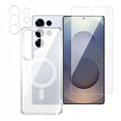 For Samsung Galaxy S25 Ultra Magnetic Case TPU + Acrylic Phone Cover with Ultra Thin Fingerprint Unlock Screen Protector + Clear Lens Film - Transparent