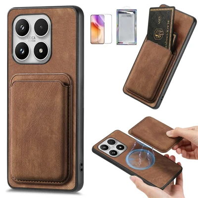 For Xiaomi 17 Magnetic Case with Tempered Glass Film Detachable Card Holder Leather Back Phone Cover - Brown