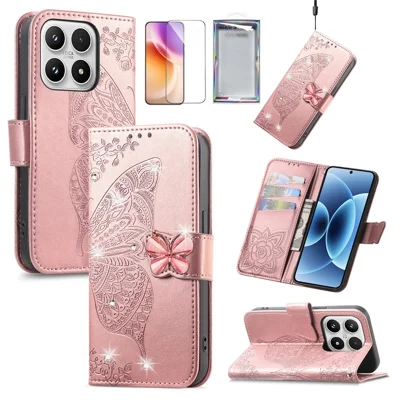 For Xiaomi 17 Leather Case with Tempered Glass Flim Rhinestone Butterfly Phone Wallet Cover - Rose Gold