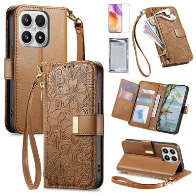 For Xiaomi 17 Leather Case with Tempered Glass Flim Flower Leaf Zipper Wallet Phone Cover - Brown