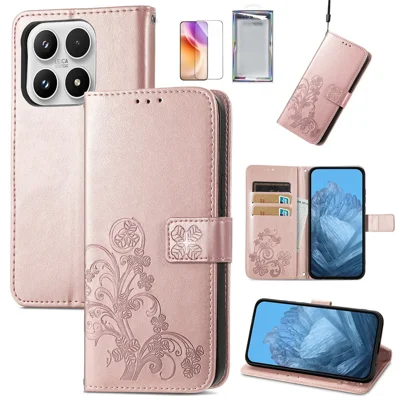 For Xiaomi 17 Case with Tempered Glass Flim Four-Leaf Clover Leather Wallet Phone Cover - Rose Gold