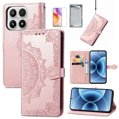 For Xiaomi 17 Leather Case with Tempered Glass Flim Mandala Flower Wallet Phone Cover - Rose Gold