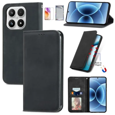 For Xiaomi 17 Leather Case with Tempered Glass Flim Card Holder Magnetic Closing Phone Cover - Black