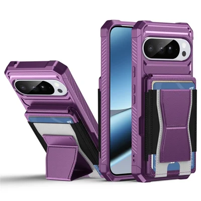 For Google Pixel 11 Pro  /  Pixel 11 Case Elastic Band Card Holder Leather + TPU Kickstand Phone Cover - Purple
