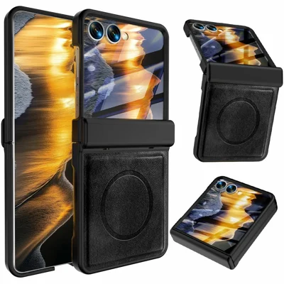 For Samsung Galaxy Z Flip8 Magnetic Case Hinge Protection PU Leather Coated PC Phone Cover with HD Tempered Glass Screen Protector - Black