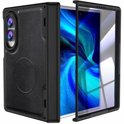 For Samsung Galaxy Z Fold8 Magnetic Case Hinge Protection PU Leather Coated PC Phone Cover with HD Tempered Glass Screen Protector - Black