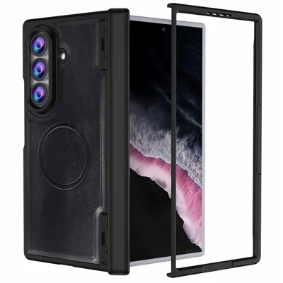 For Samsung Galaxy Z Fold8 Ultra Magnetic Case Hinge Protection PU Leather Coated PC Phone Cover with HD Tempered Glass Screen Protector - Black