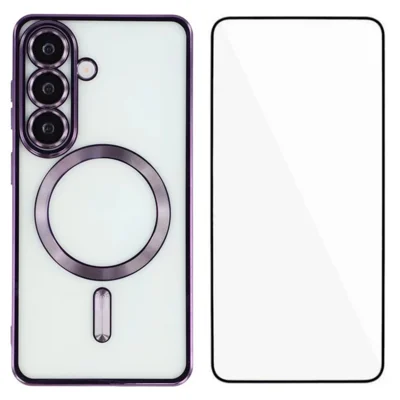 WANLONFENG لجهاز Samsung Galaxy A57 5G غطاء مغناطيسي، غطاء TPU مطلي كهربائياً مع زجاج مقسّى للحماية الكاملة - بنفسجي داكن