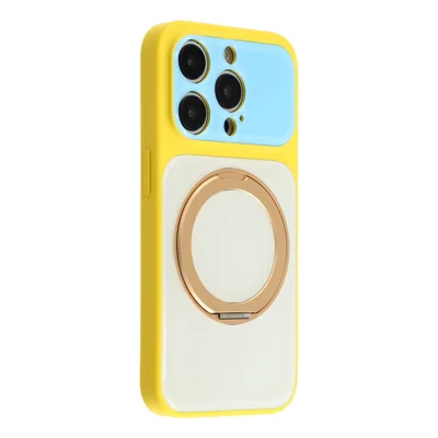 For iPhone 14 Pro Case Magnetic Rotating Kickstand Colorblock Design PC + TPU Phone Cover - Yellow+White+Blue