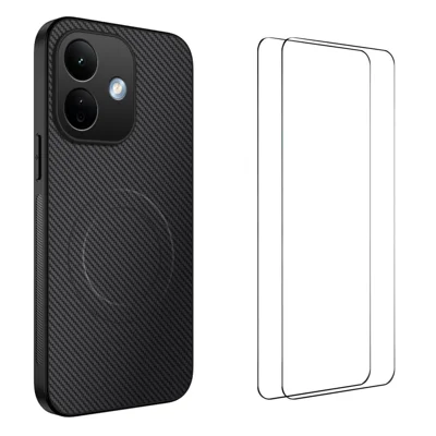 WANLONFENG til Xiaomi Redmi Note 17 (Indien/Kina) 5G / Xiaomi Redmi Note 17 4G TQ1 Serie Magnetisk Etui med Kulfiberstruktur PC TPU Telefondæksel med 2 stk. Skærmfilm - Sort