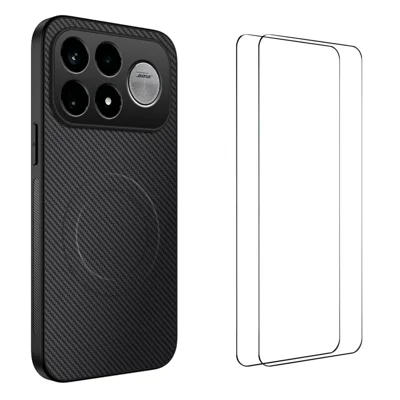 WANLONFENG pour Xiaomi Poco F9 Ultra 5G / Xiaomi Redmi K100 Pro Max 5G Série TQ1 Coque Magnétique avec Texture Fibre de Carbone Couvercle de Téléphone en PC TPU avec 2 Films Protecteurs d'Écran - Noir