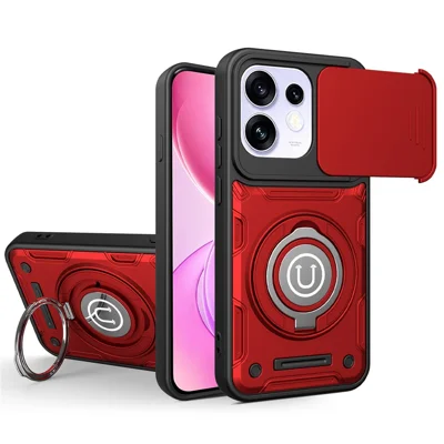 Voor Oppo Reno16 5G (Global) / Reno16 Pro 5G (Global) Hoesje met Schuifbare Cameraafdekking Ringstandaard PC + TPU Telefoonhoes - Rood